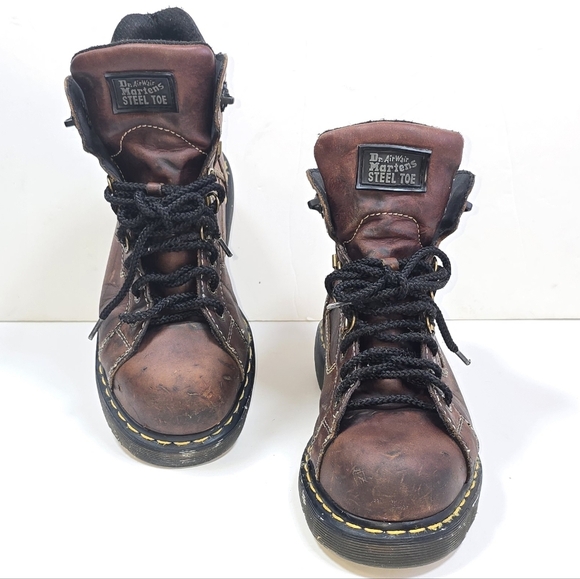Dr. Martens Steel Toe Boots Y2K Brown Distressed Leather Industrial Sz. 9 Grunge